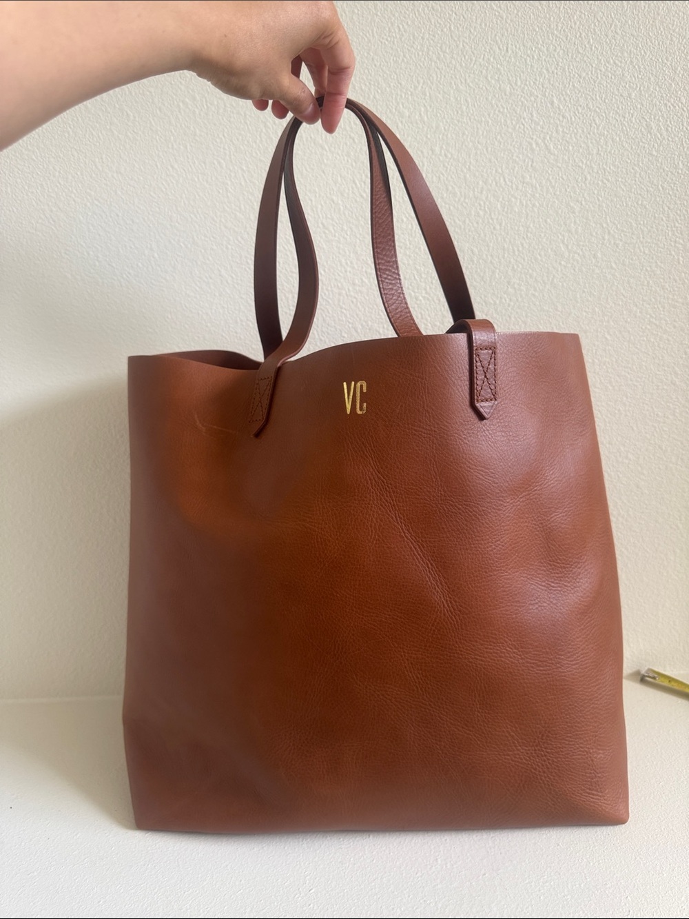 Madewell Chestnut Brown Leather Tote with Gold Monogram (VC)